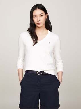 Tommy Hilfiger Women's White V-Neck Long Sleeve Sweater Size XL
